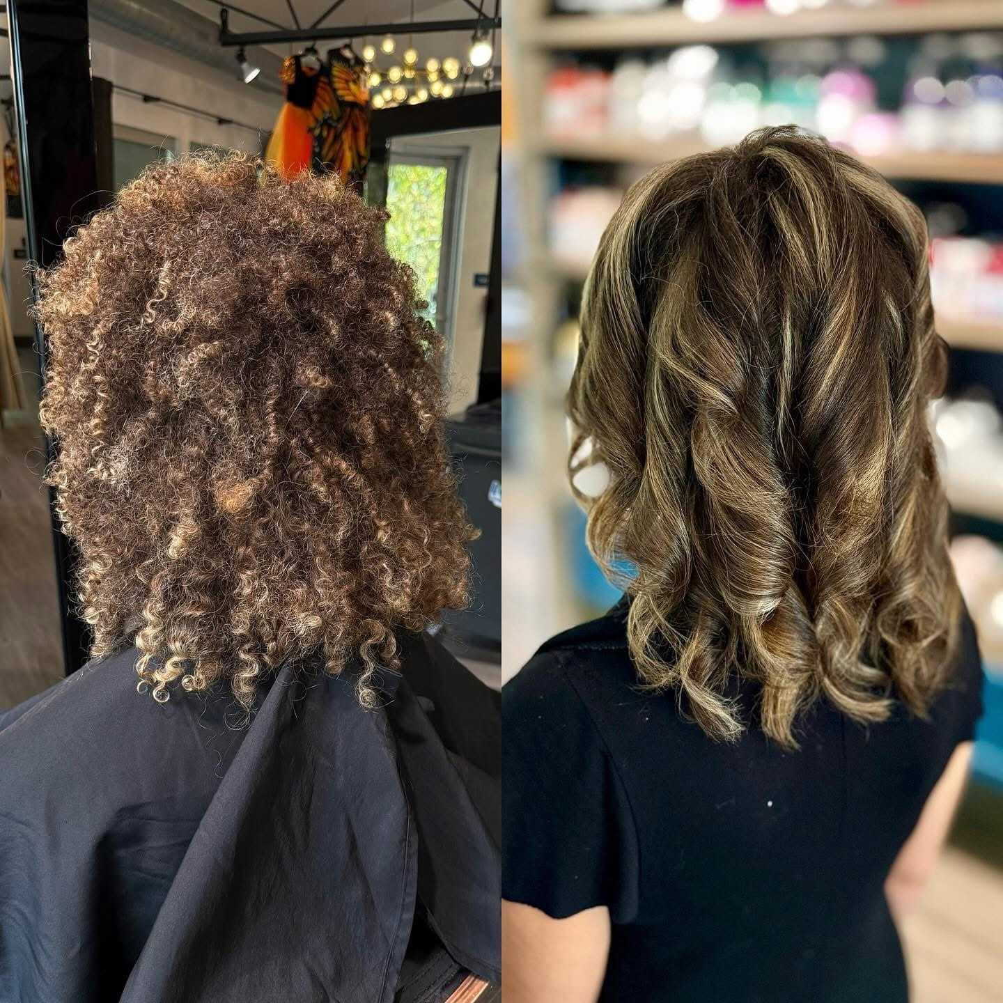 Curly hair transformation, before and after salon styling.