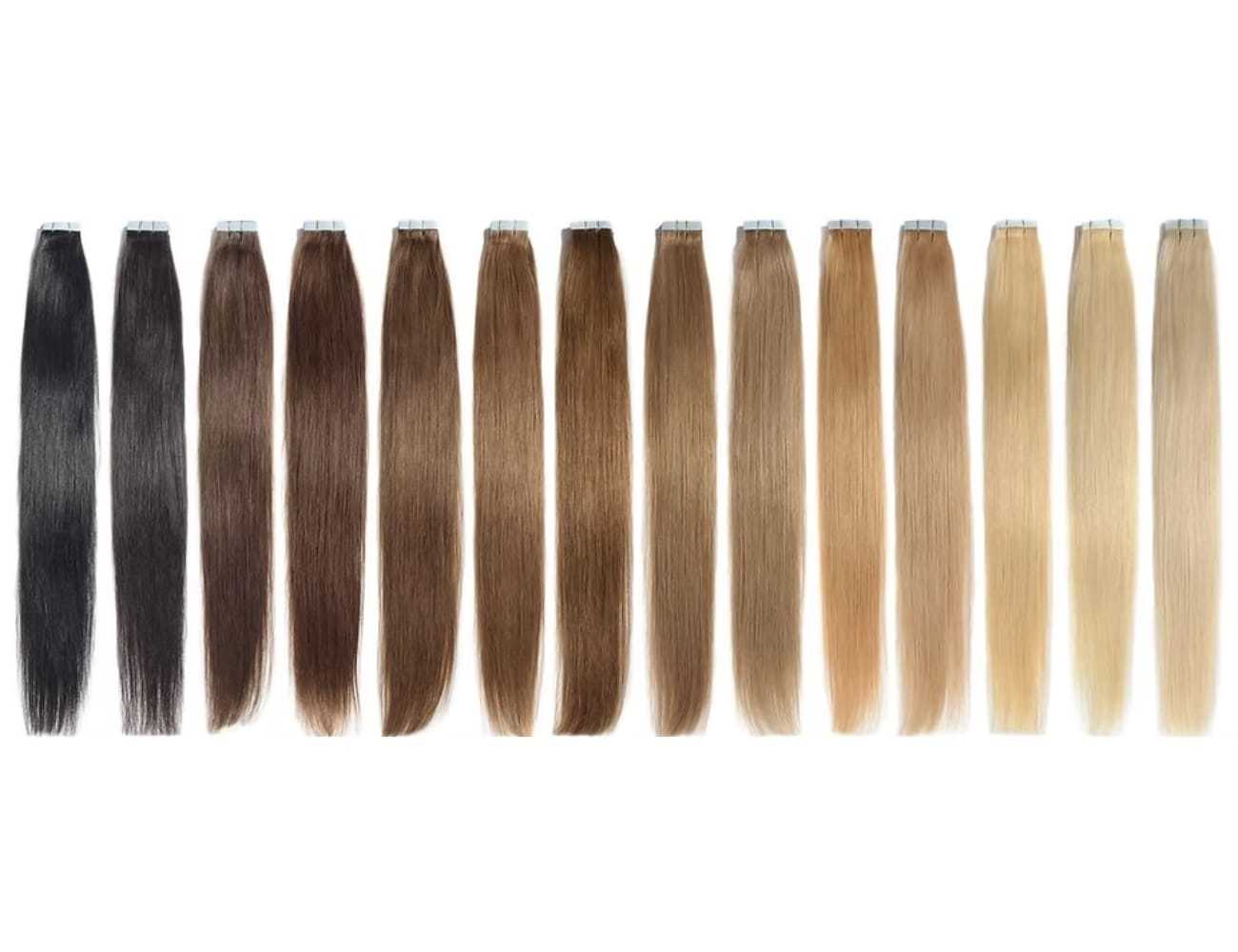Various shades of hair extensions from black to blonde displayed in a row.